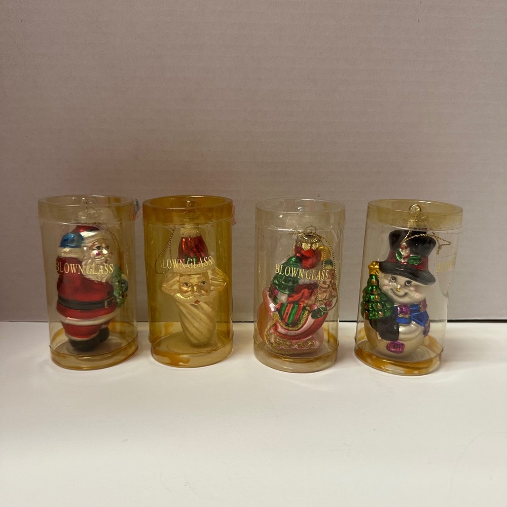 Greenbrier Blown Glass Christmas Ornaments Lot of 4 Santa Snowman Original Tubes